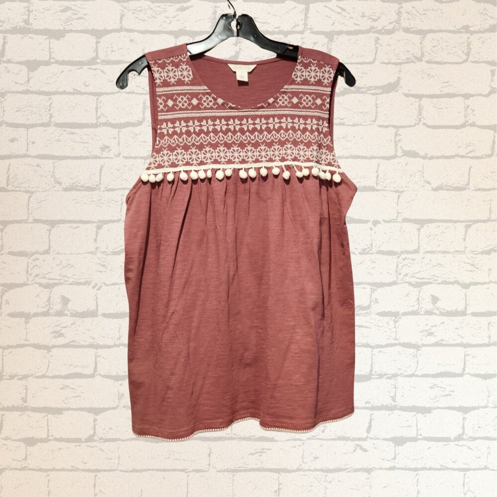 Cason Blouse Top  Women's Size M Light Red with White Crochet Lace and Pom Po…
